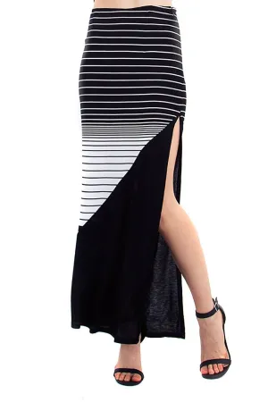 Black White Striped Colorblock Basic Knit Maxi Skirt with Slit