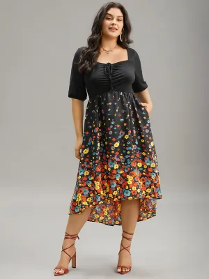 Floral Print Patchwork Drawstring Square Neck Dress