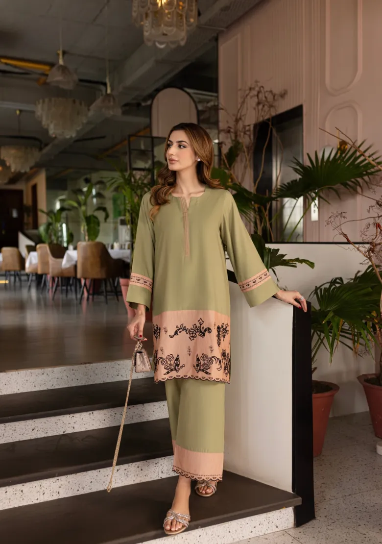 Laidback Luxe '24 - Olive-Peach Embroidered Set