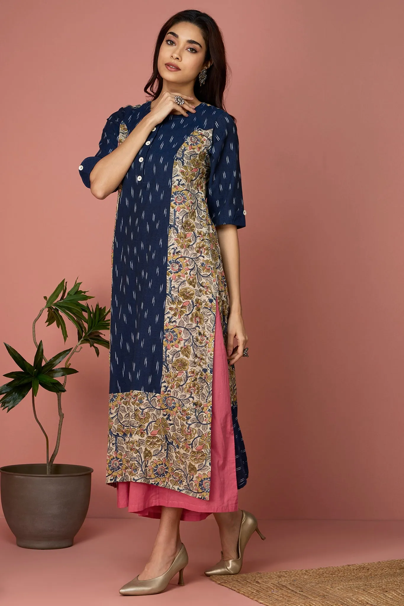 long panelled kurta with slit - Sapphire & Fuchsia