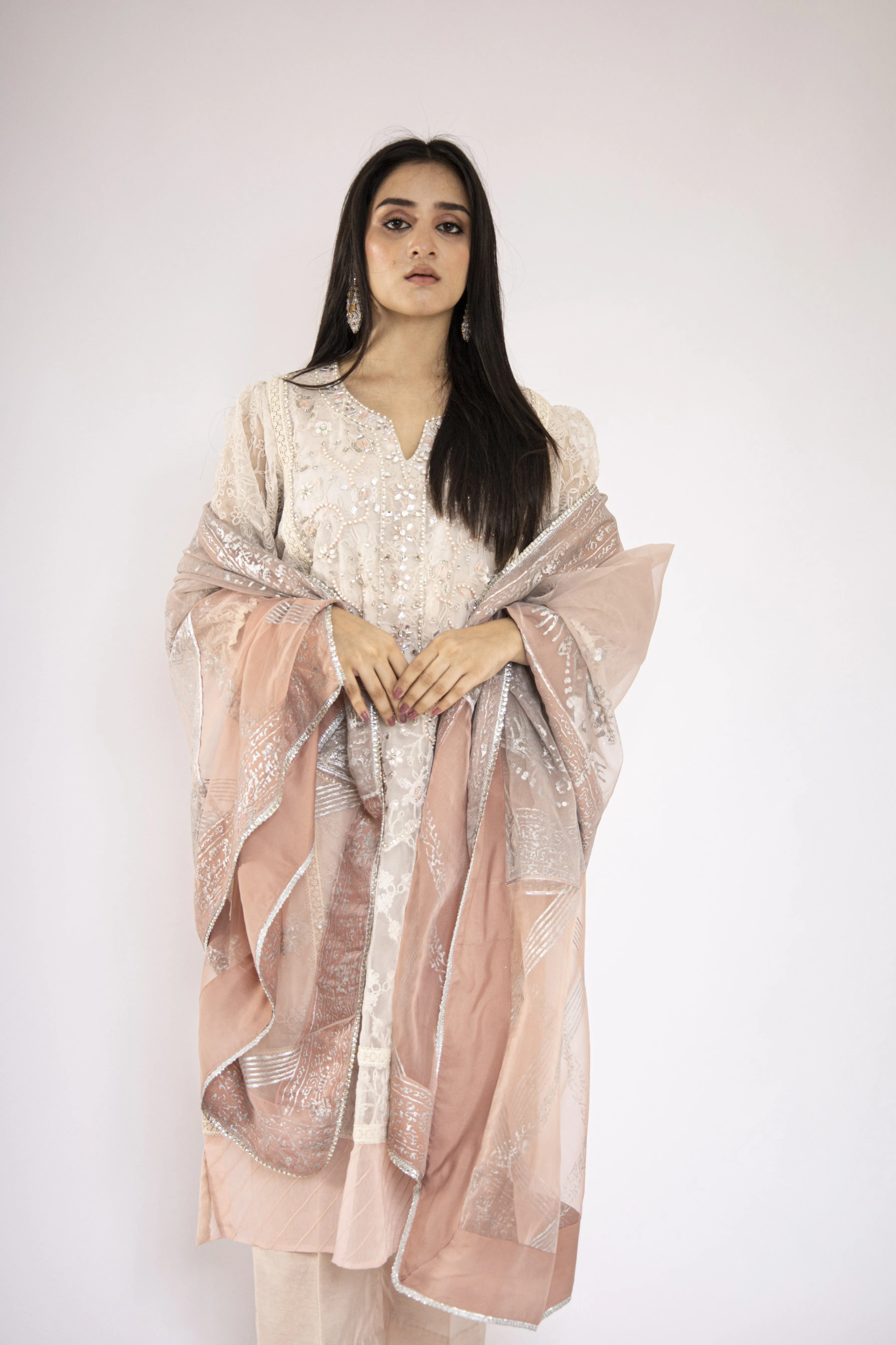 Sadia Aamir - Elaya - Off White Embroidered Organza Silk and Dupatta with Silk Culottes - 3 Piece