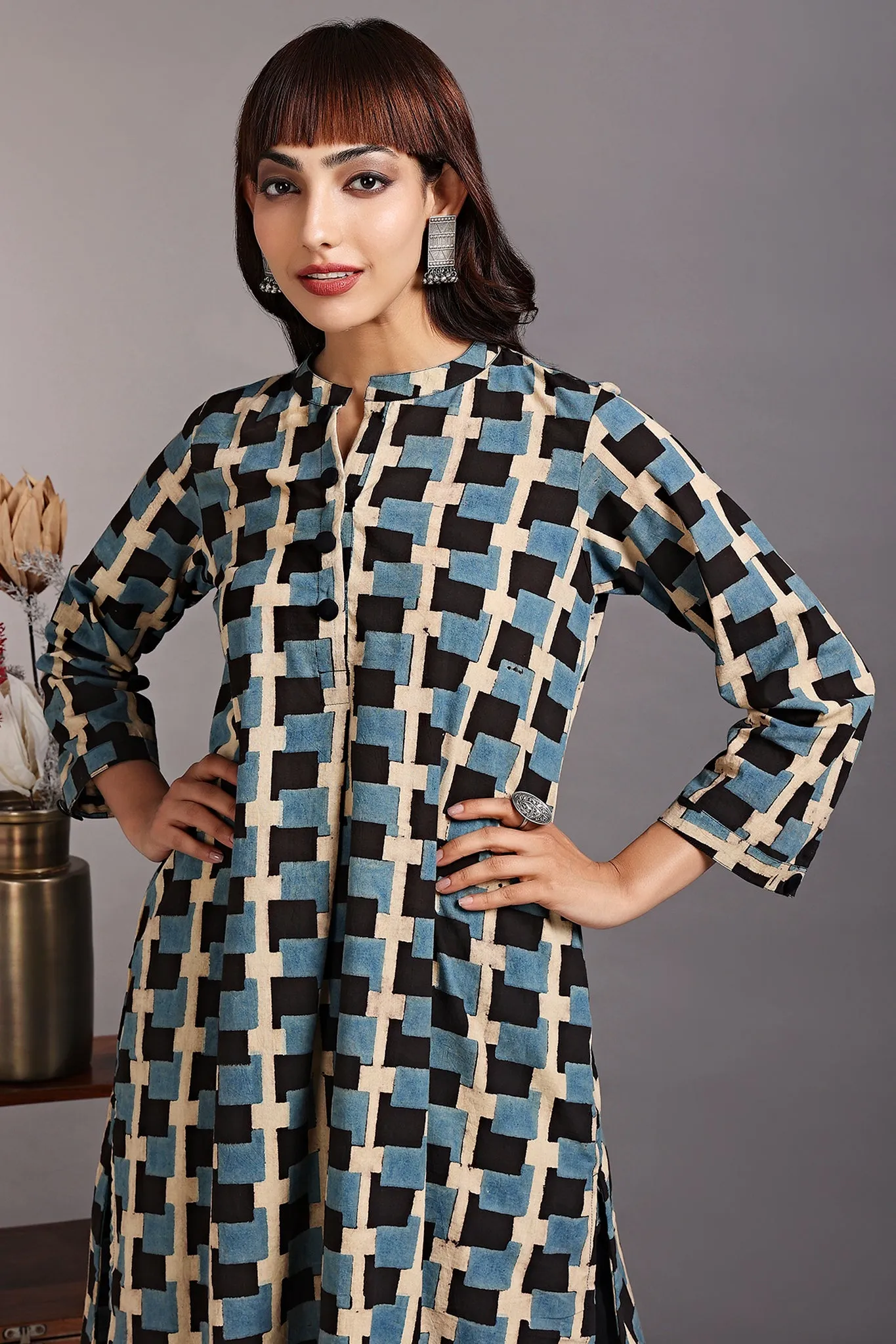 stand collar kurta with round hem - turkish blue & chequered strokes