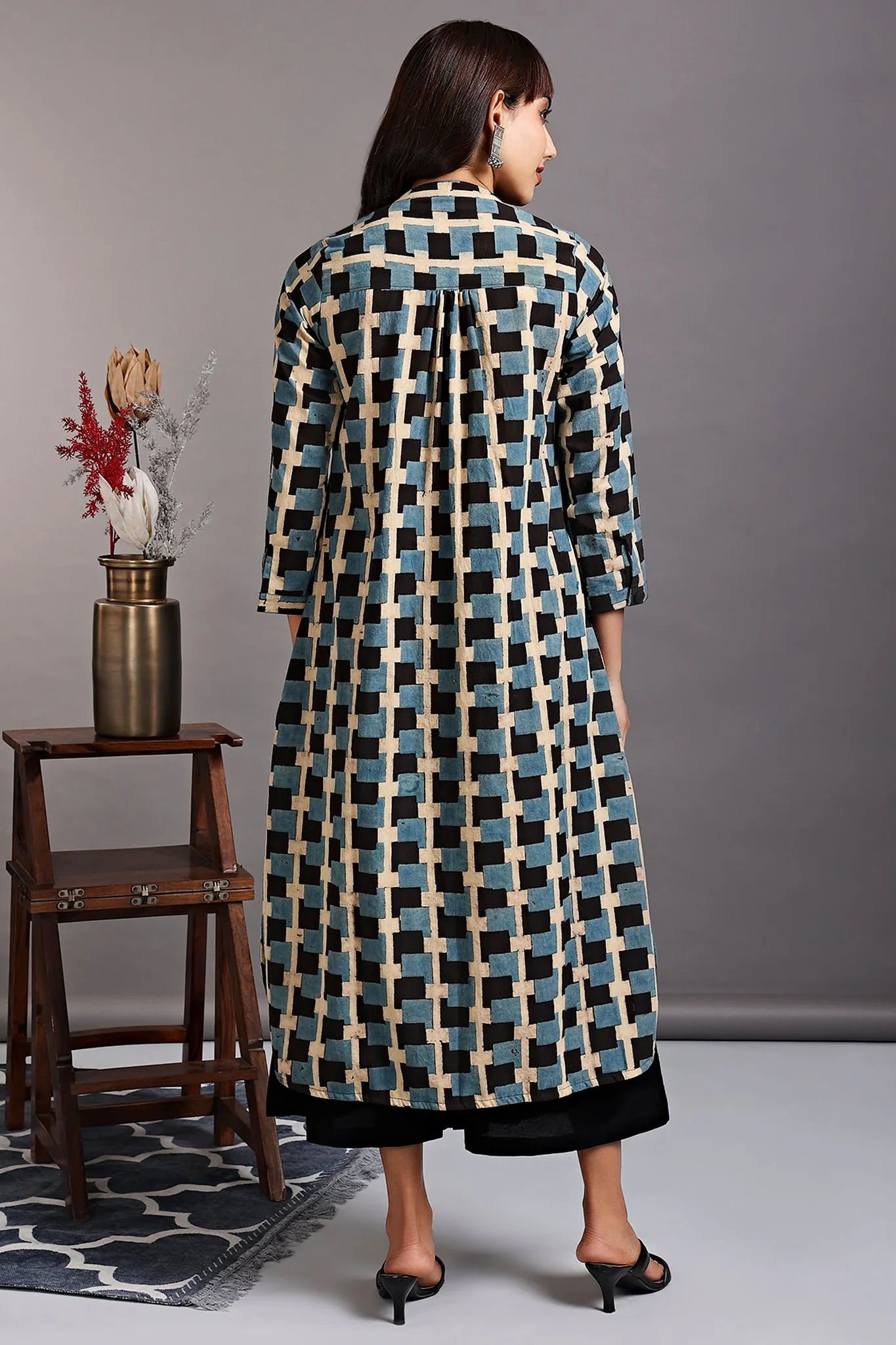 stand collar kurta with round hem - turkish blue & chequered strokes