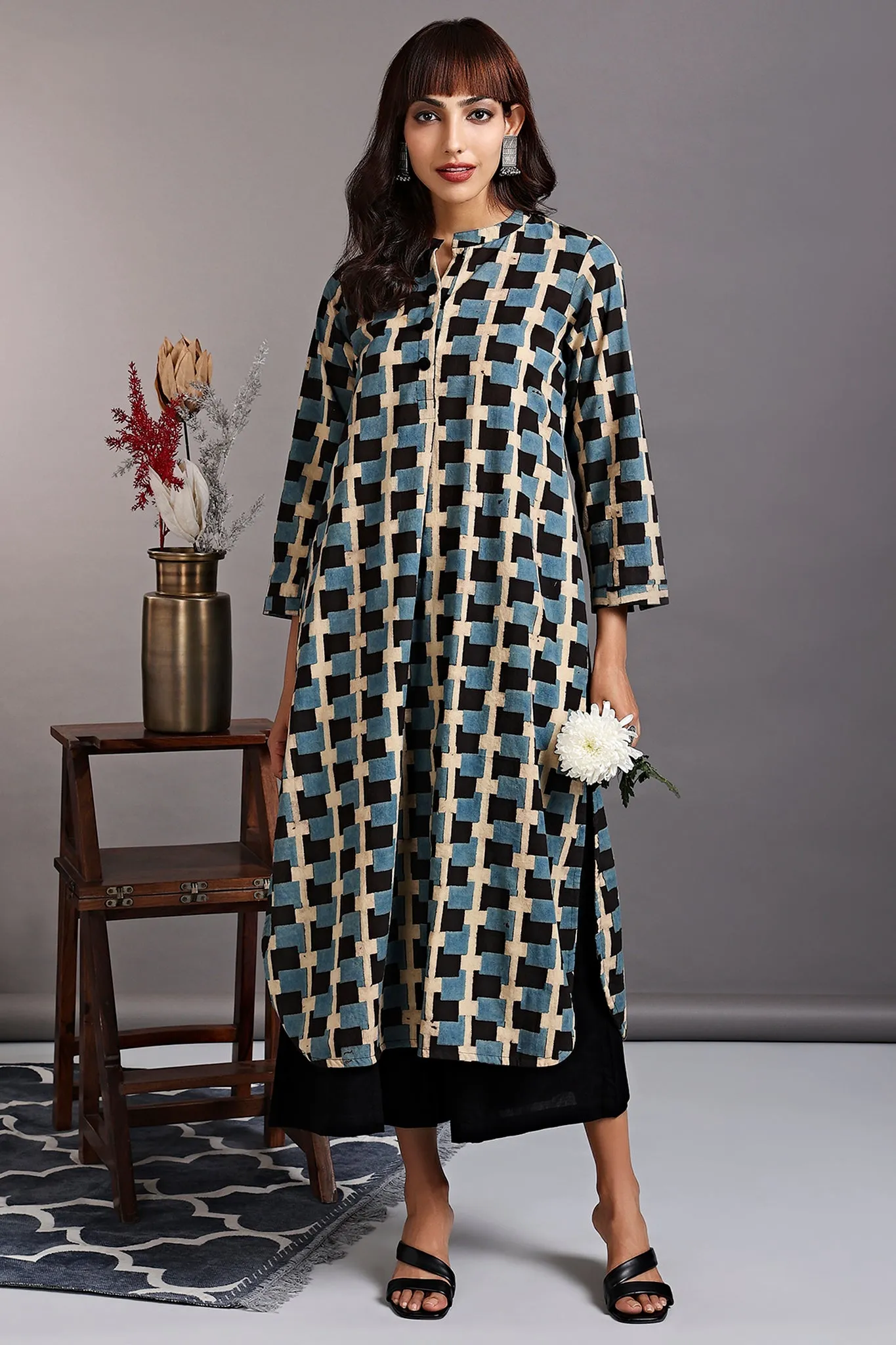 stand collar kurta with round hem - turkish blue & chequered strokes