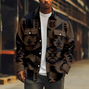 Western Vintage Navajo Aztec Bohemian Style Casual Single-breasted Corduroy Fleece Jacket | SYG-4459